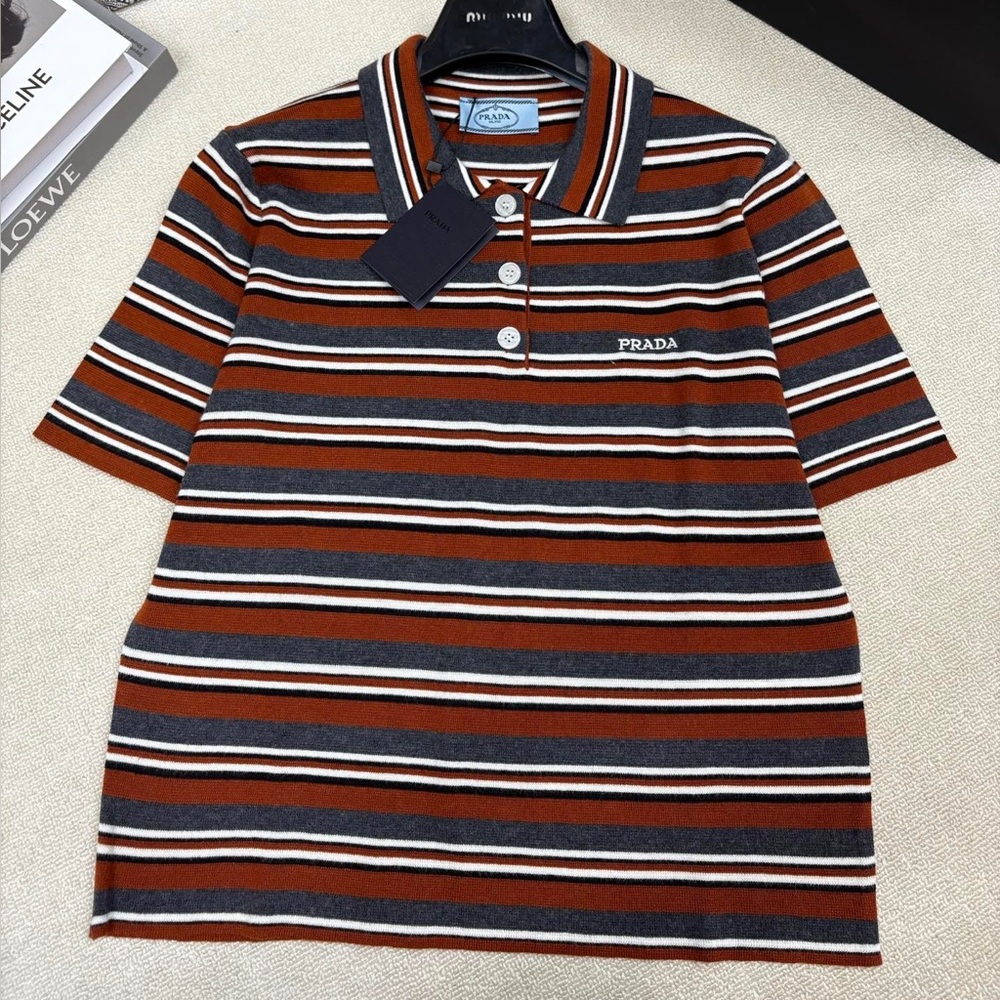 Prada striped knitted Polo collar short-sleeved shirt
